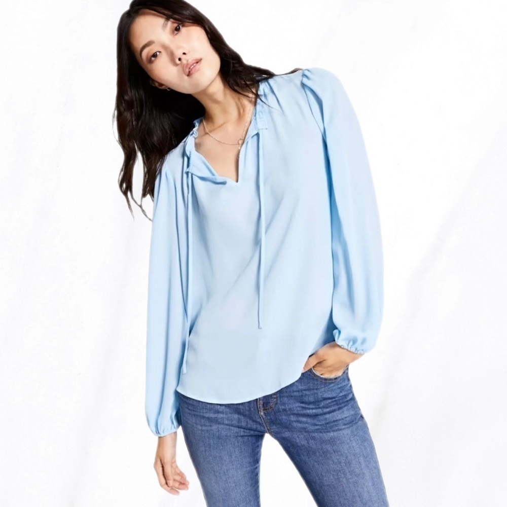 INC Boho Blue Ruffled Neck Tie Blouse NWT